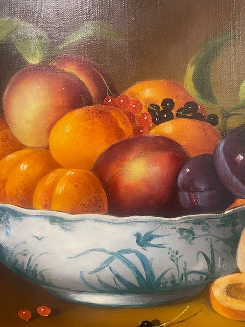 Huile sur toile de R. Tanguy « Corbeille de fruits »-photo-3