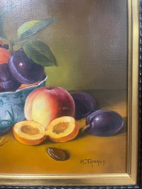 Huile sur toile de R. Tanguy « Corbeille de fruits »-photo-4