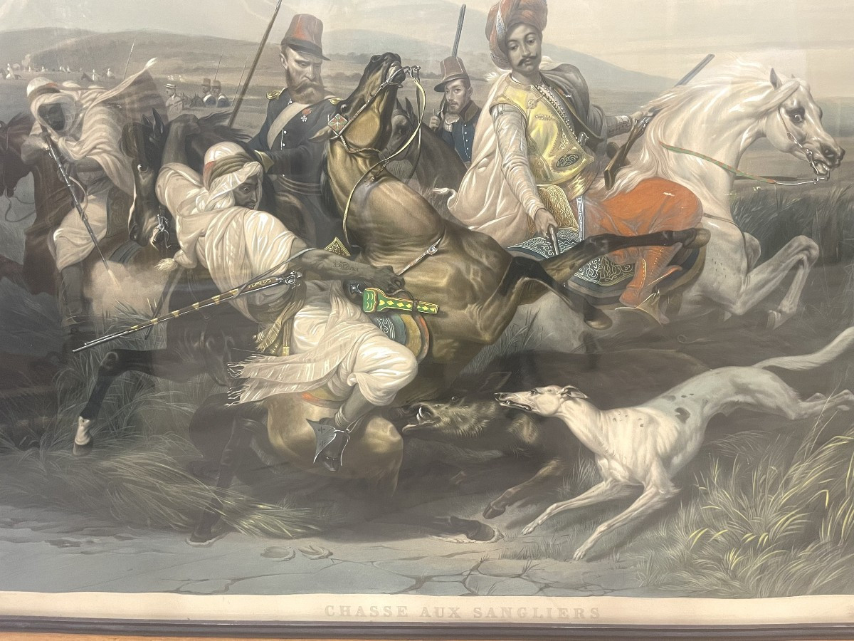 Gravure d'après l'œuvre d'Horace Vernet "La chasse aux sangliers dans la plaine de Sahara" -photo-2