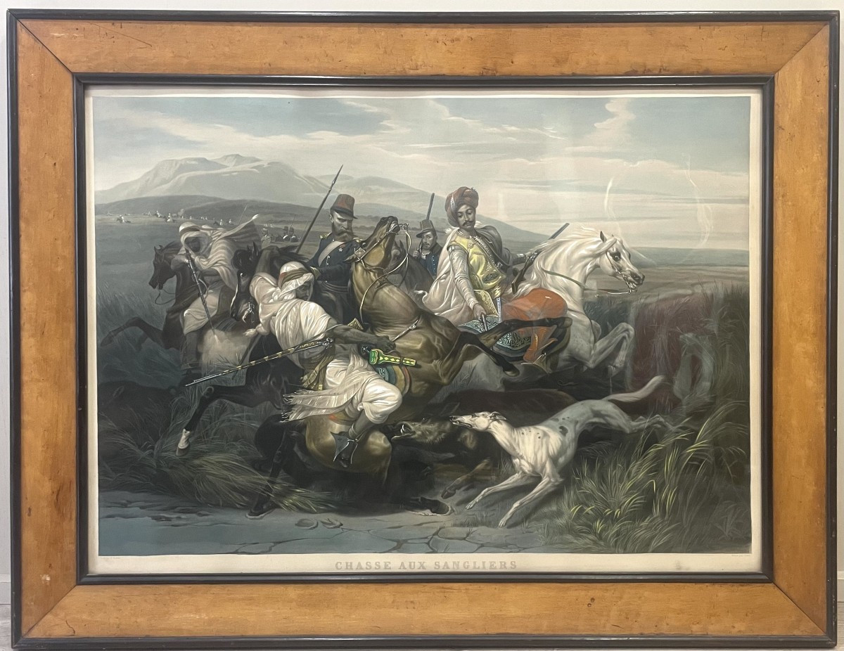 Gravure d'après l'œuvre d'Horace Vernet "La chasse aux sangliers dans la plaine de Sahara" 