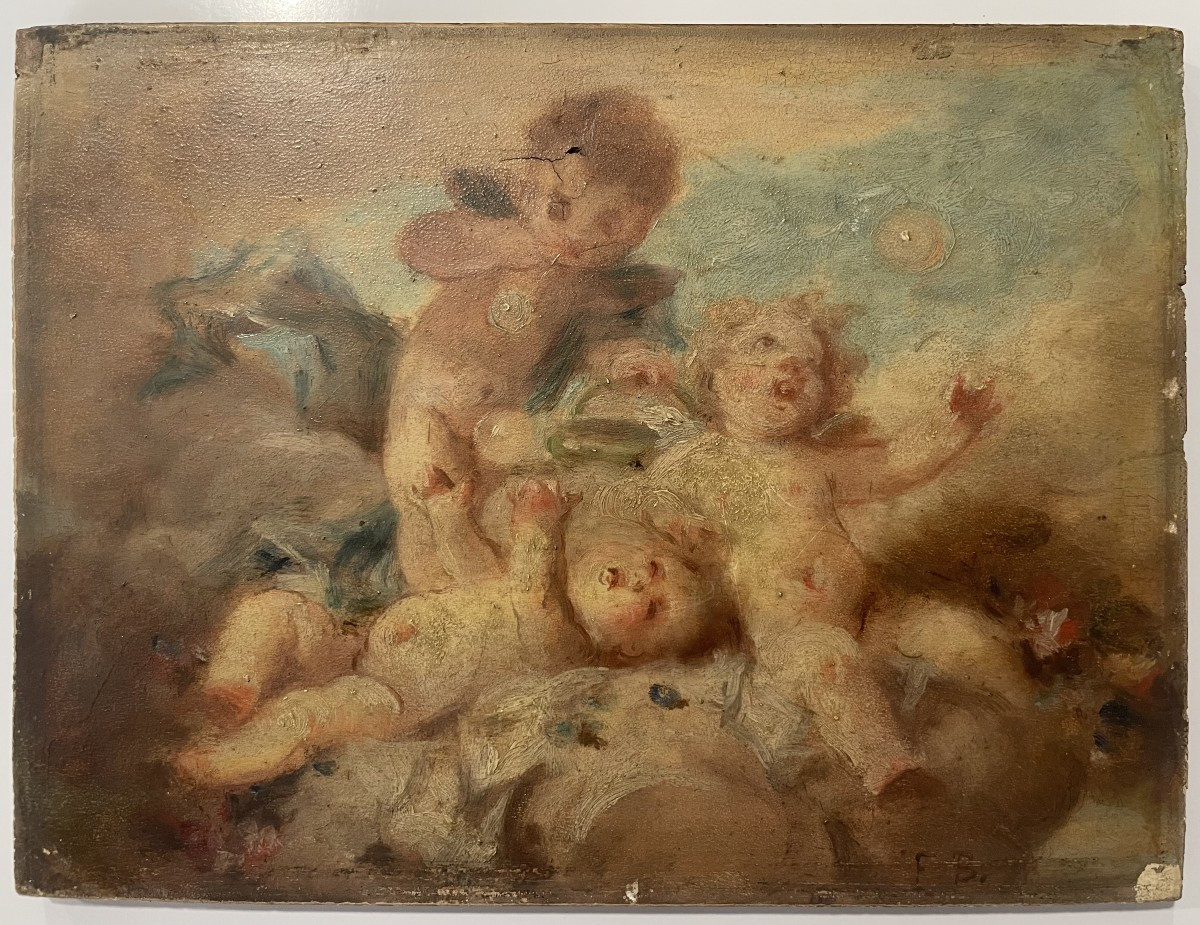 French School, 19th Century, Faustin Besson (1821–1882) "three Cherubs" Oil On Panel-photo-2