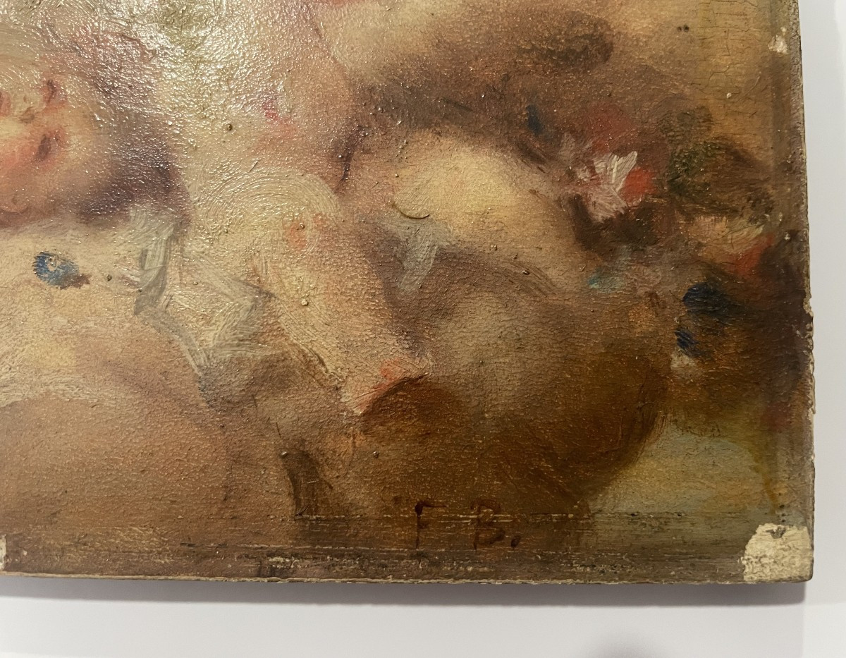French School, 19th Century, Faustin Besson (1821–1882) "three Cherubs" Oil On Panel-photo-3