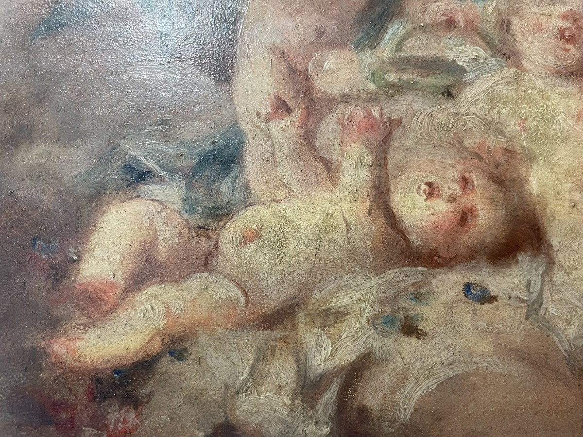 French School, 19th Century, Faustin Besson (1821–1882) "three Cherubs" Oil On Panel-photo-1
