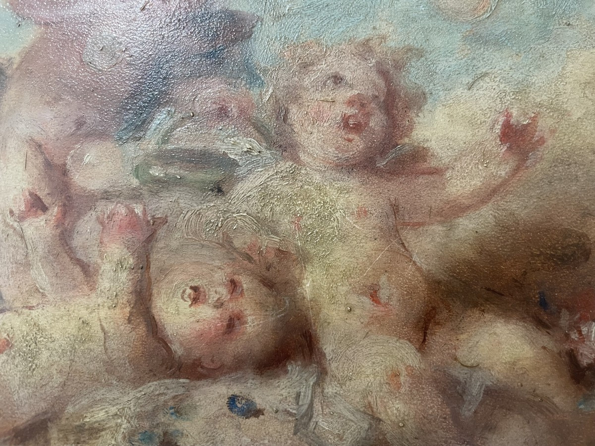 French School, 19th Century, Faustin Besson (1821–1882) "three Cherubs" Oil On Panel-photo-2