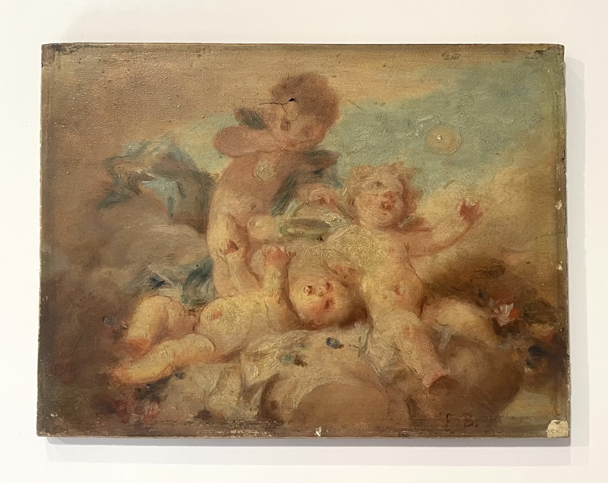 French School, 19th Century, Faustin Besson (1821–1882) "three Cherubs" Oil On Panel