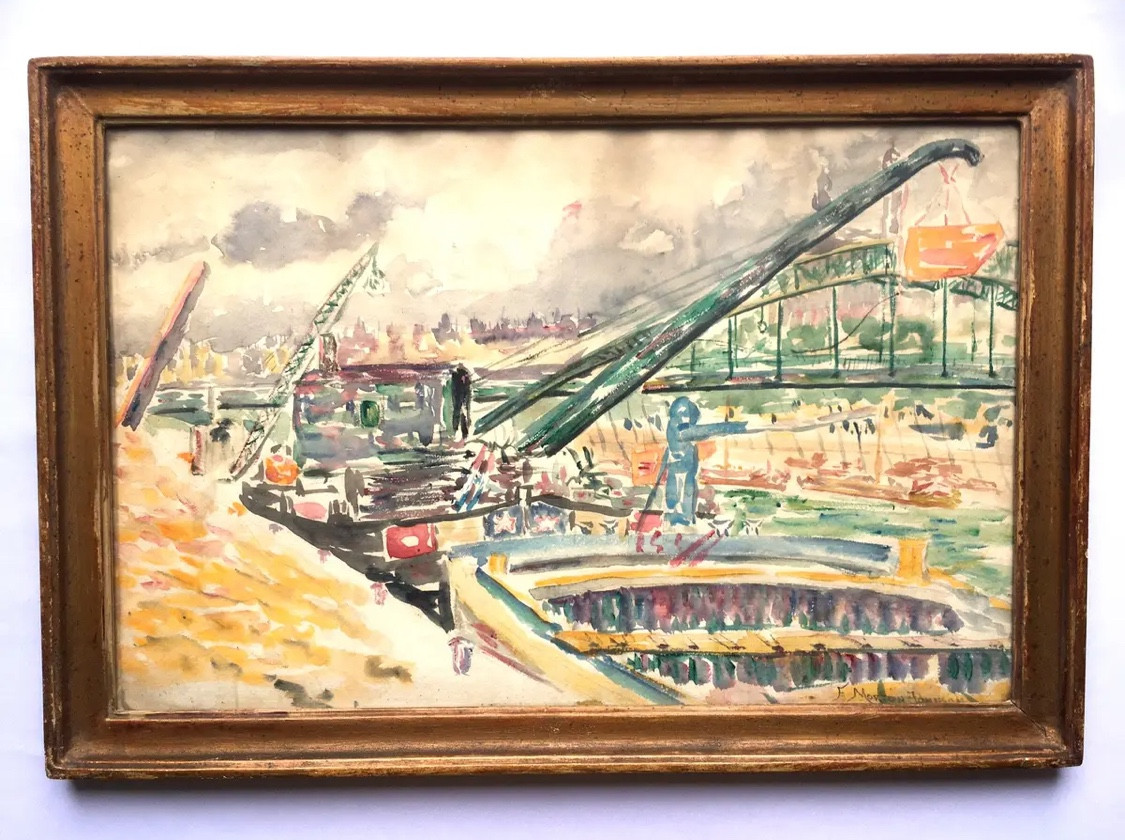 Francis Morton-Johnson (1878–1931) – Péniche sur un port parisien au viaduc d’Austerlitz 