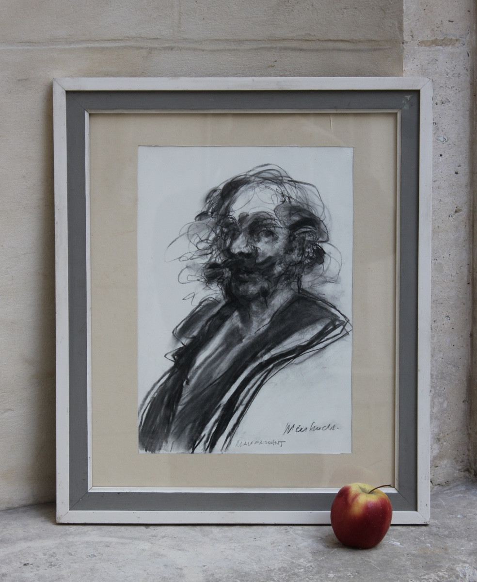 Claude Weisbuch – Portrait Of Guy De Maupassant – Charcoal-photo-2