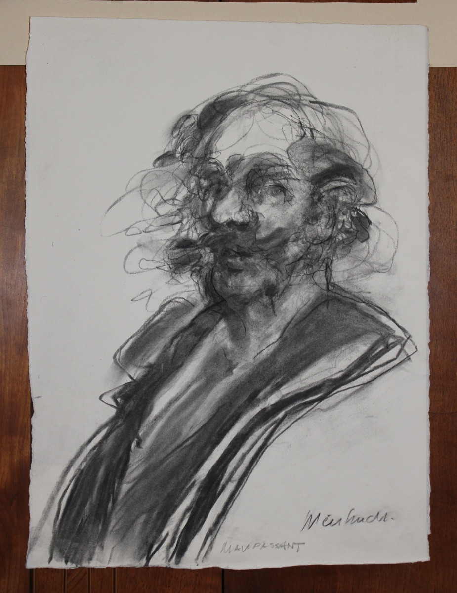 Claude Weisbuch – Portrait Of Guy De Maupassant – Charcoal-photo-4