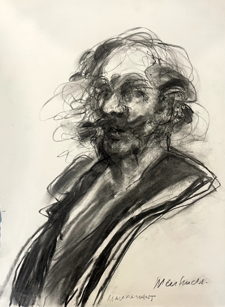 Claude Weisbuch – Portrait Of Guy De Maupassant – Charcoal