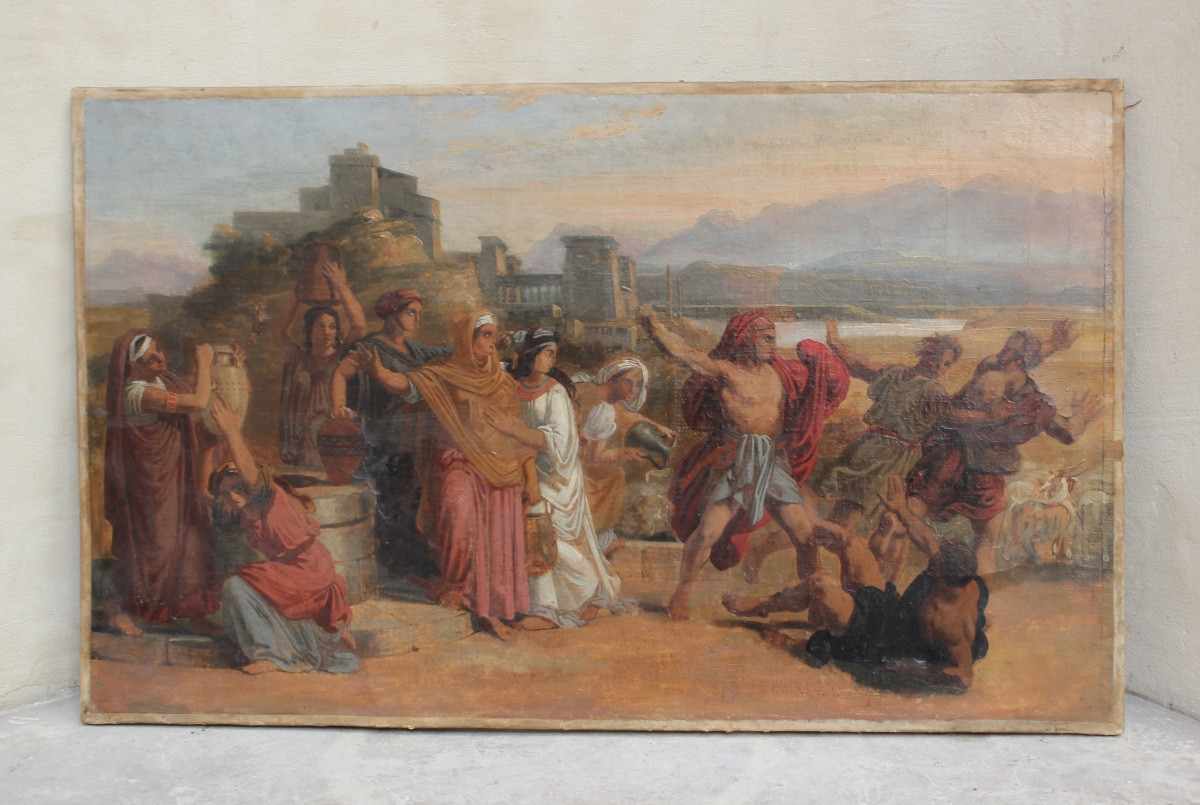 École française du XIXe s. - Moïse défendant les filles de Jéthro au puits - Huile sur toile-photo-2