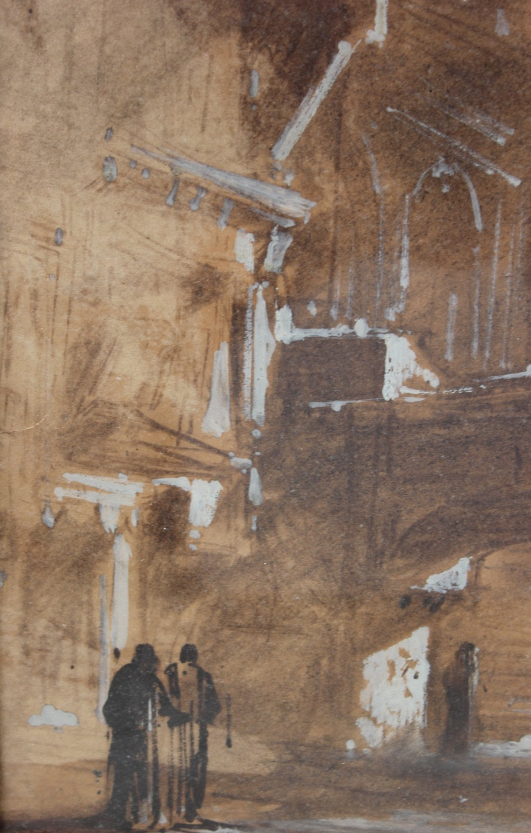 École française du XIXᵉ siècle – Scène de personnages sur fond architectural -photo-3