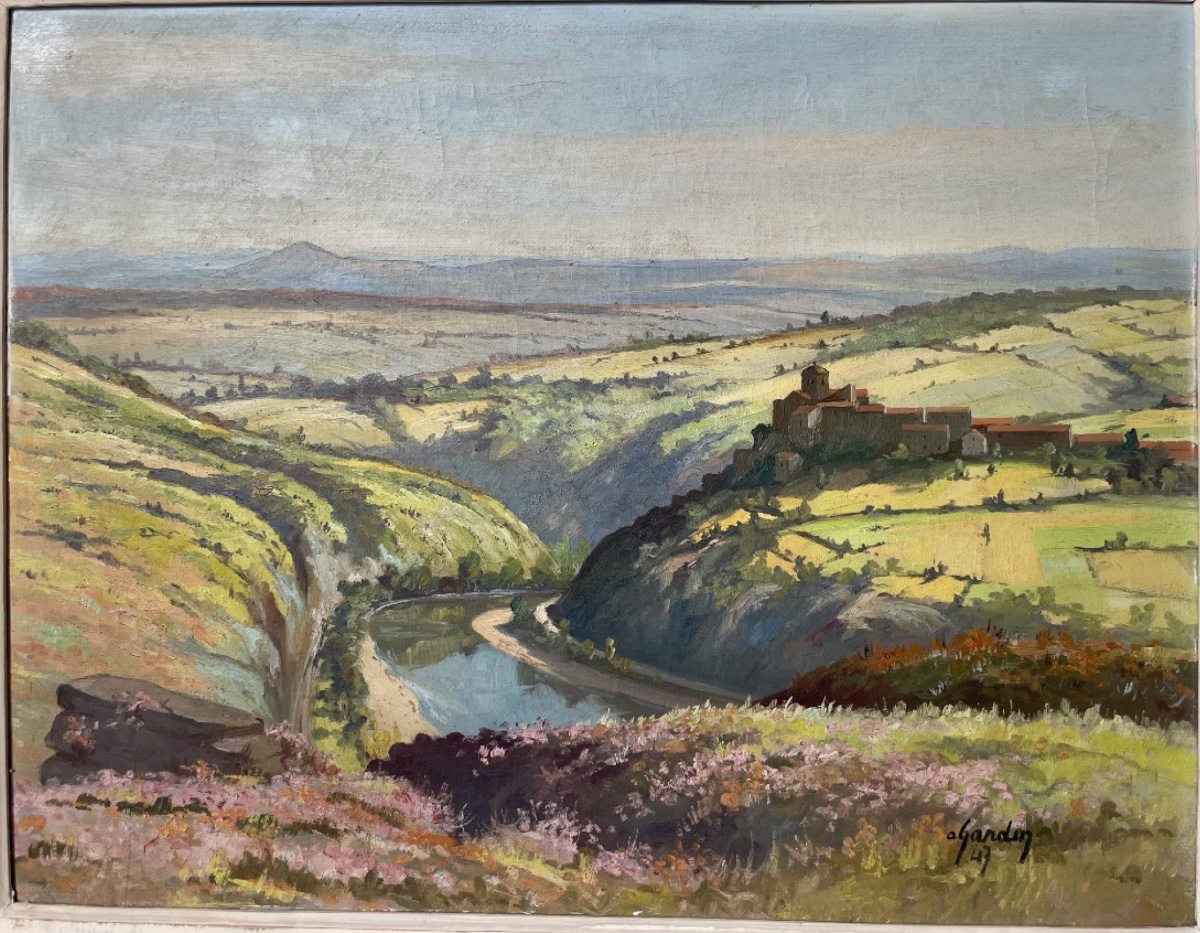 André Gardin - Vue du village de Saint Yvoine (près d’Issoire, Auvergne) 1947 - Huile sur toile-photo-2