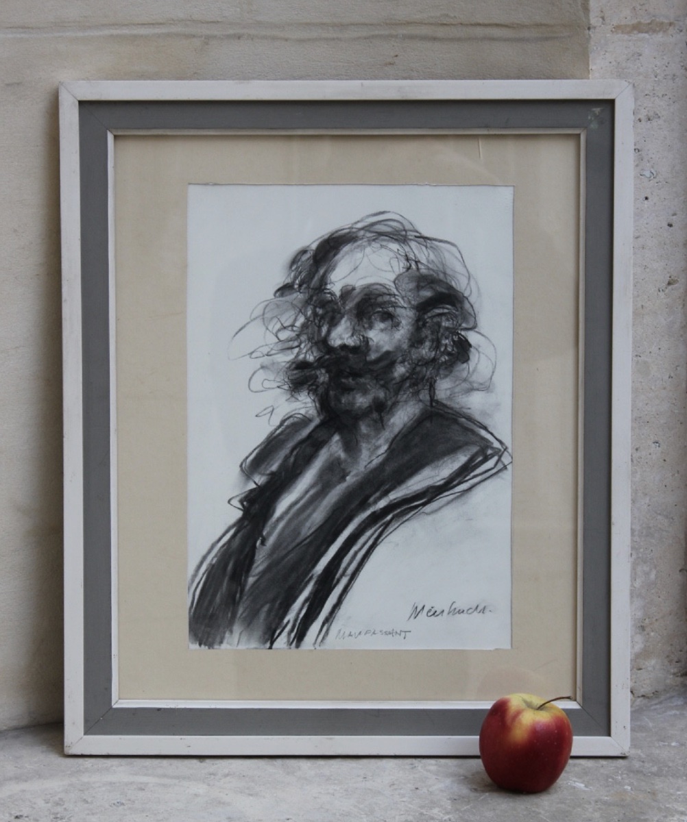 Claude Weisbuch - Portrait de Guy de Maupassant - Fusain-photo-2