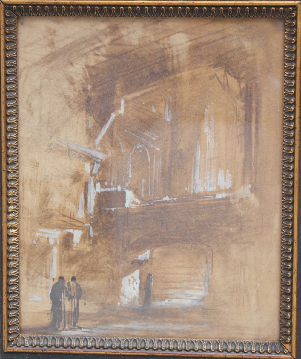 École française de XIXe siècle - Scène de personnages sur fond architectural -photo-2