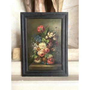 Bouquet de fleurs – Huile sur panneau signée