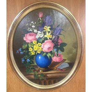Richard Tanguy (né en 1937) – Nature morte au bouquet et au livre entrouvert