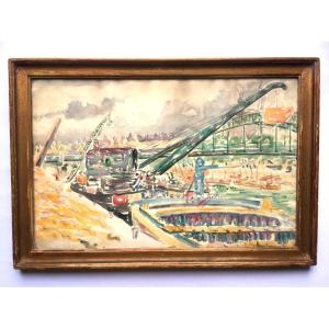 Francis Morton-Johnson (1878–1931) – Péniche sur un port parisien au viaduc d’Austerlitz 