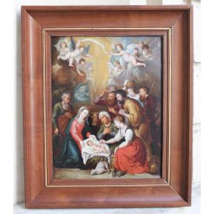 École flamande du XVIIᵉ siècle, d’après Rubens – L’Adoration des bergers – Huile sur panneau