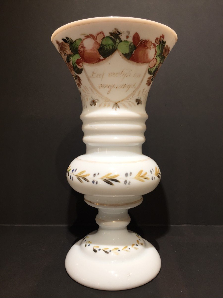 A Dutch Opaline Glass Vase With Saying, 19th Century