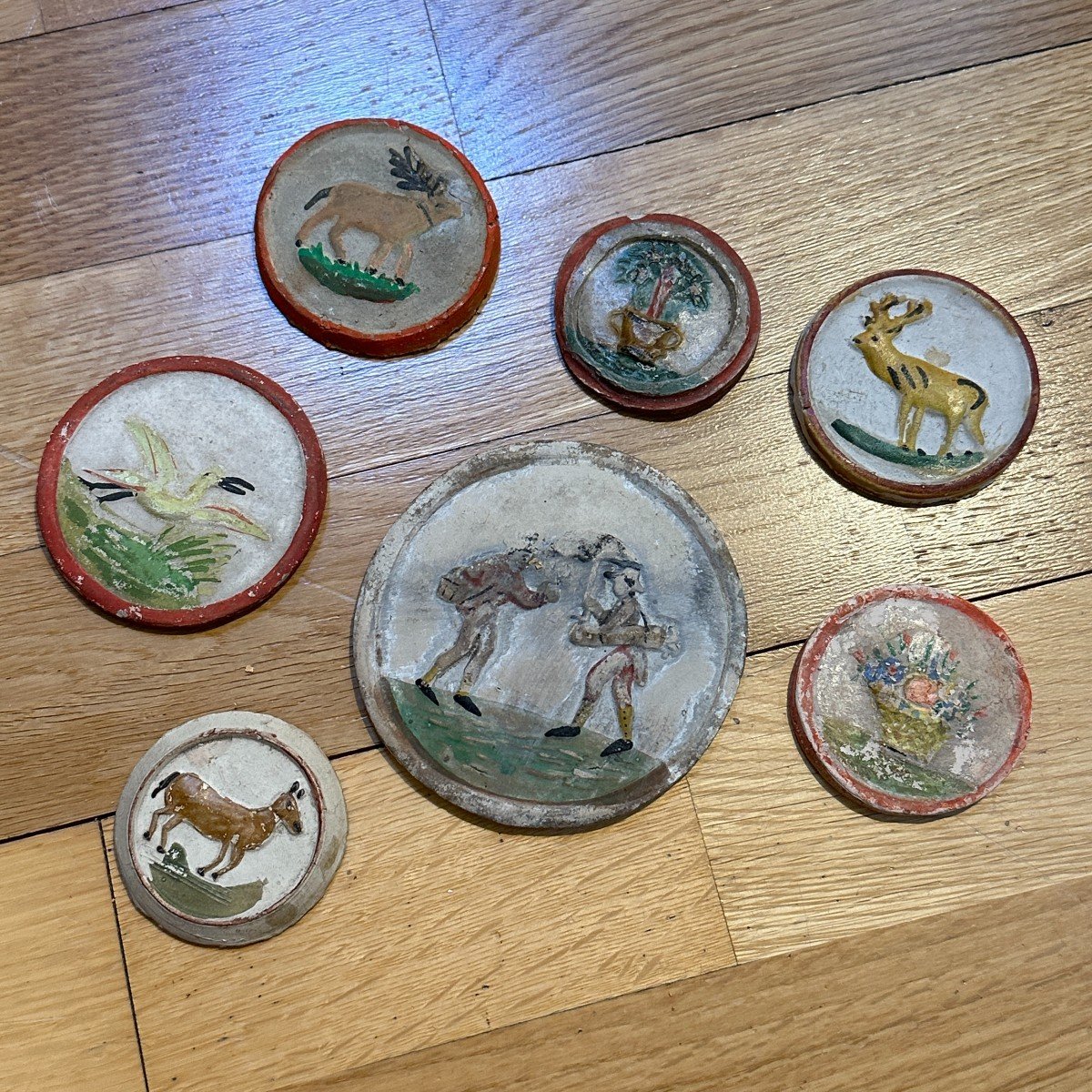 Seven Patacons In Pipe Clay, With Various Images, 19th Century-photo-2