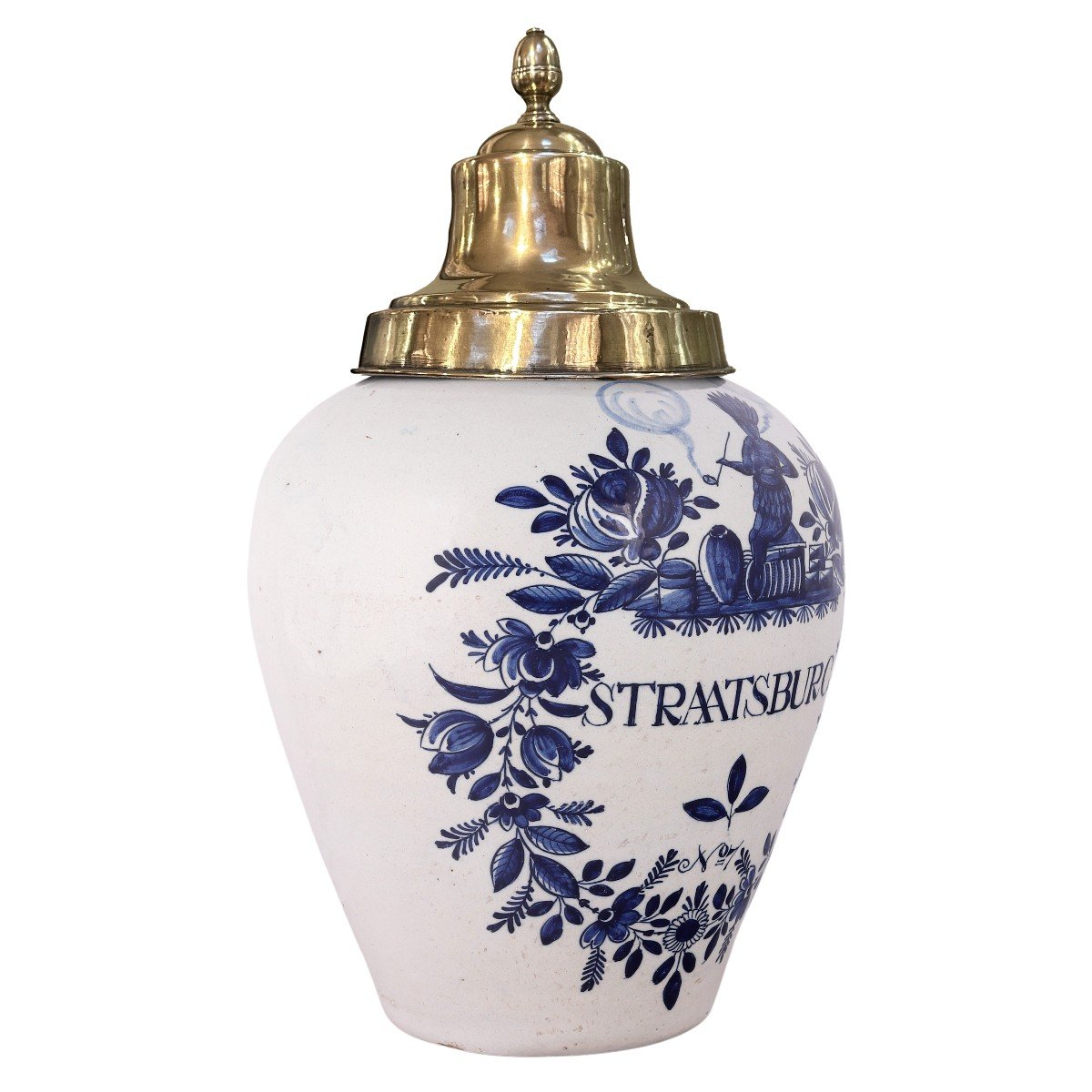 Dutch Delft Tobacco Jar With Original Brass Lid: Straatsburg, 18th Century-photo-2