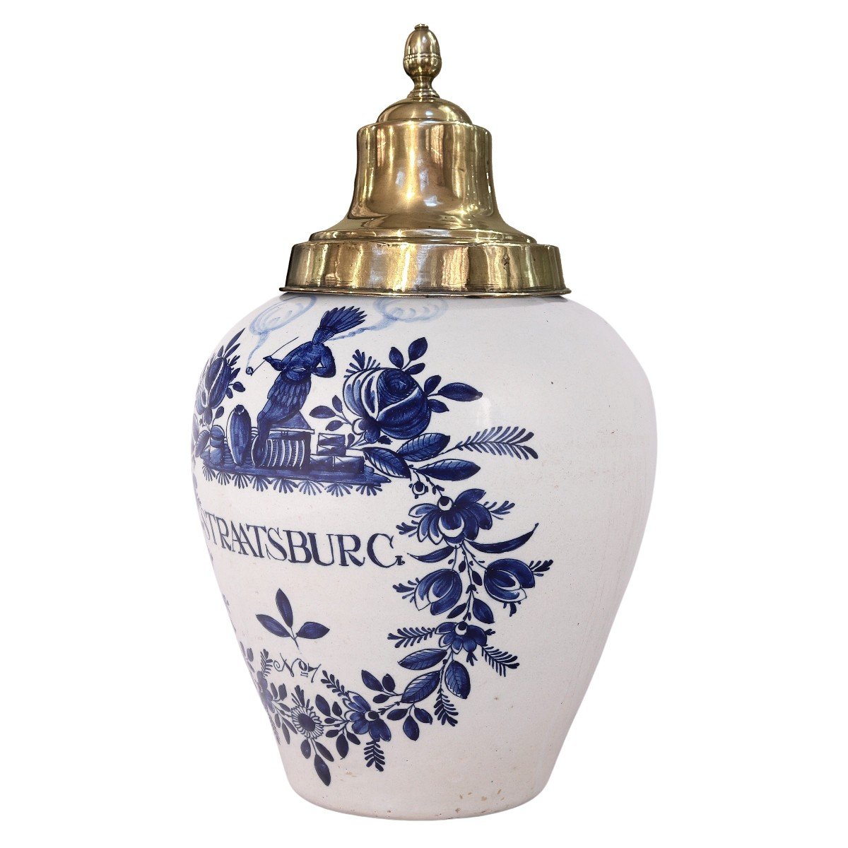 Dutch Delft Tobacco Jar With Original Brass Lid: Straatsburg, 18th Century-photo-3