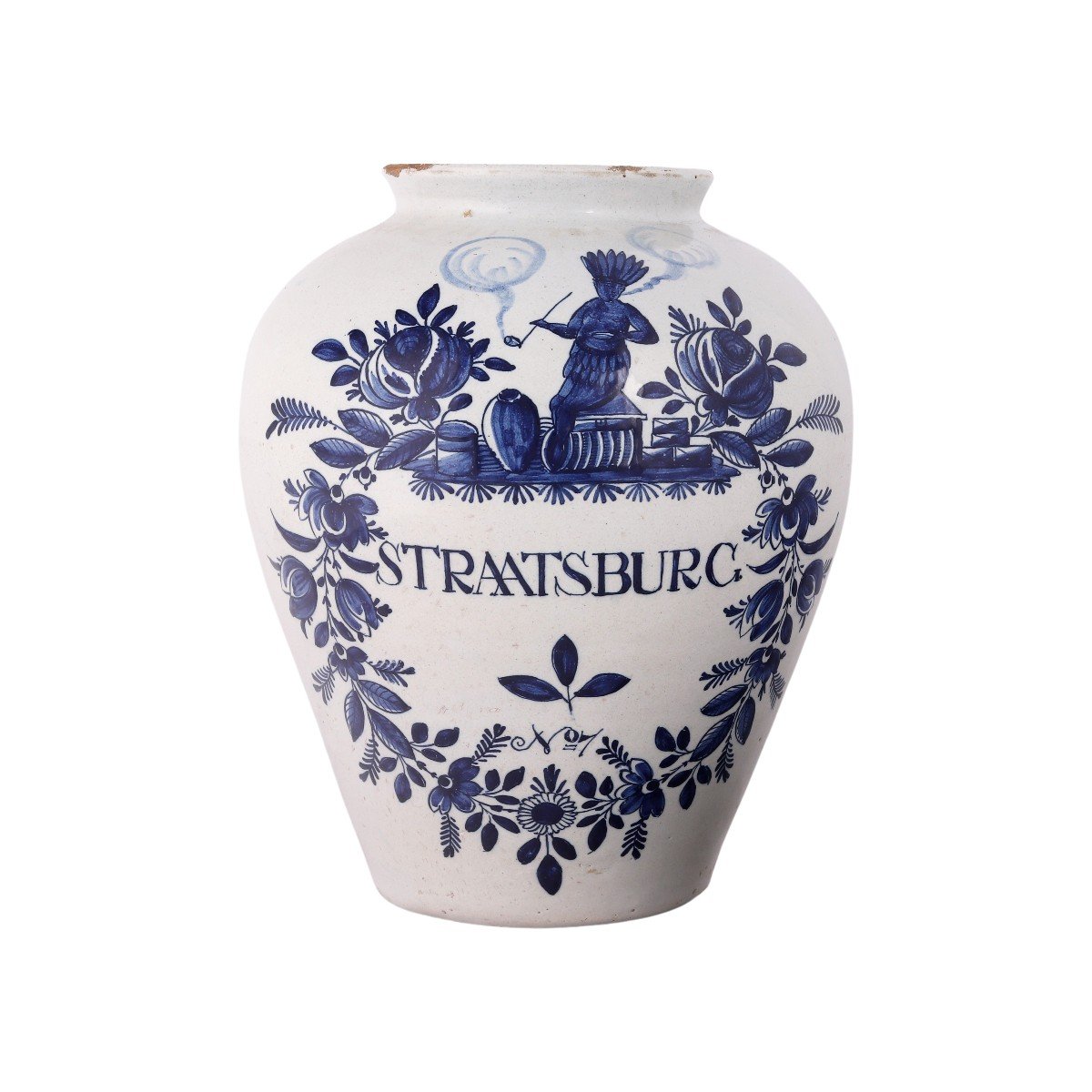 Dutch Delft Tobacco Jar With Original Brass Lid: Straatsburg, 18th Century-photo-1