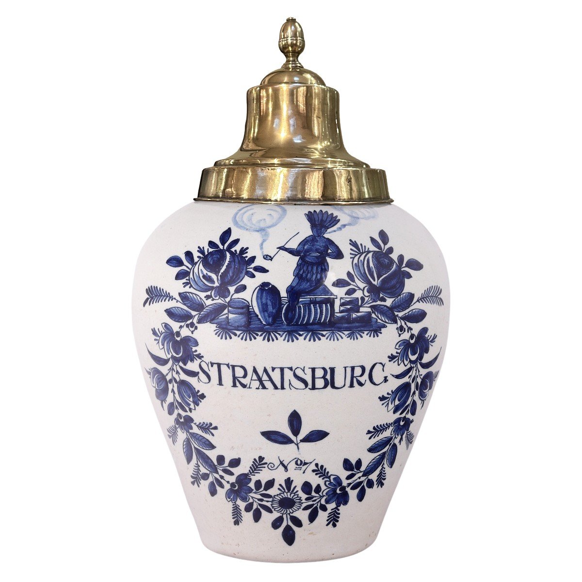 Dutch Delft Tobacco Jar With Original Brass Lid: Straatsburg, 18th Century