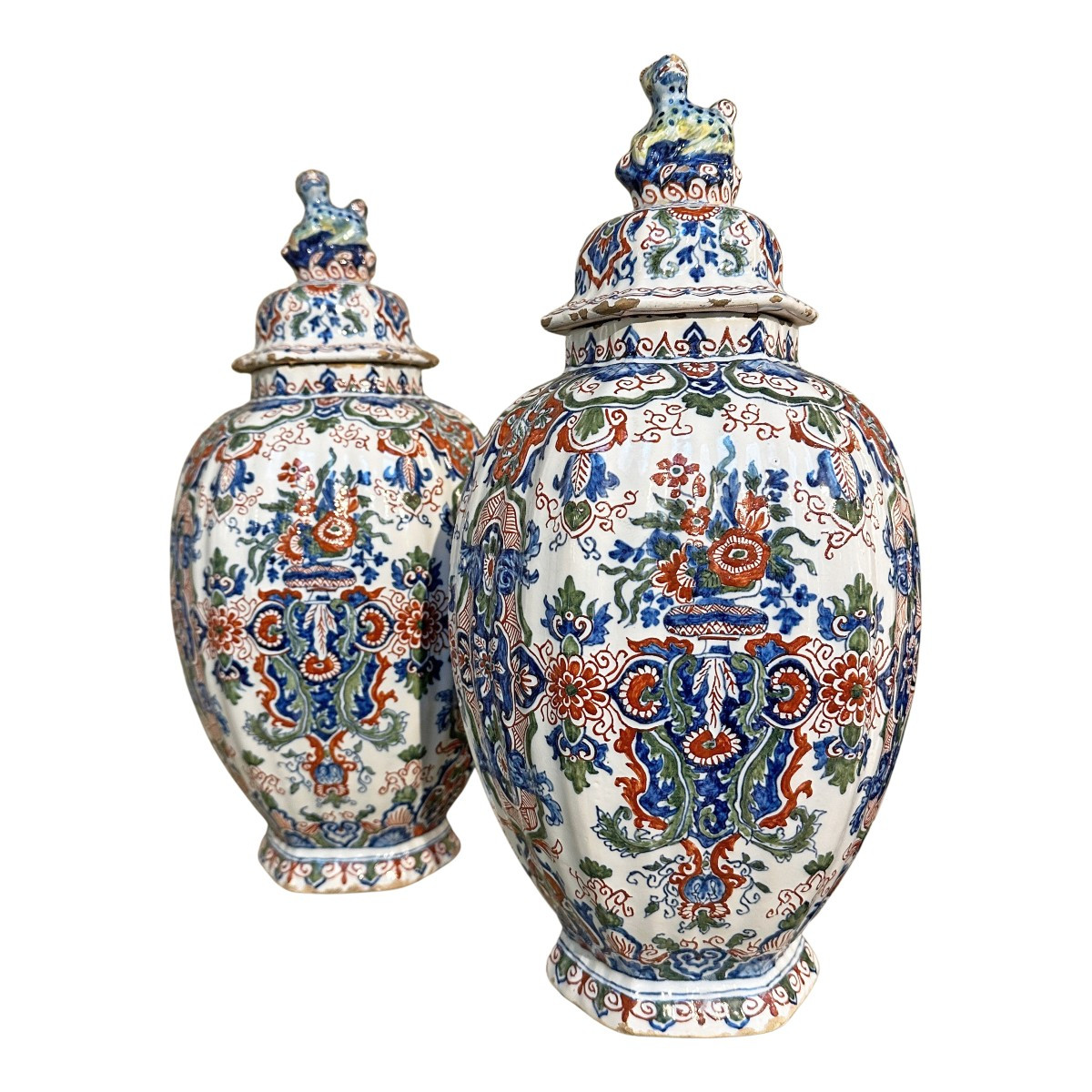 Two 19th Century Polychrome Delft Vases With Lions