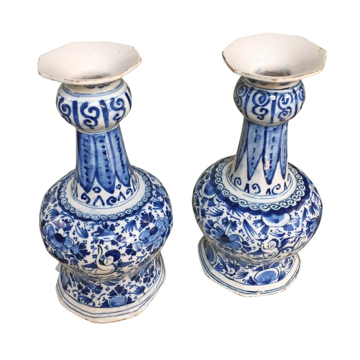 Set Of Two Delftware Vases With Decoration Of Angels, 18th Century-photo-4