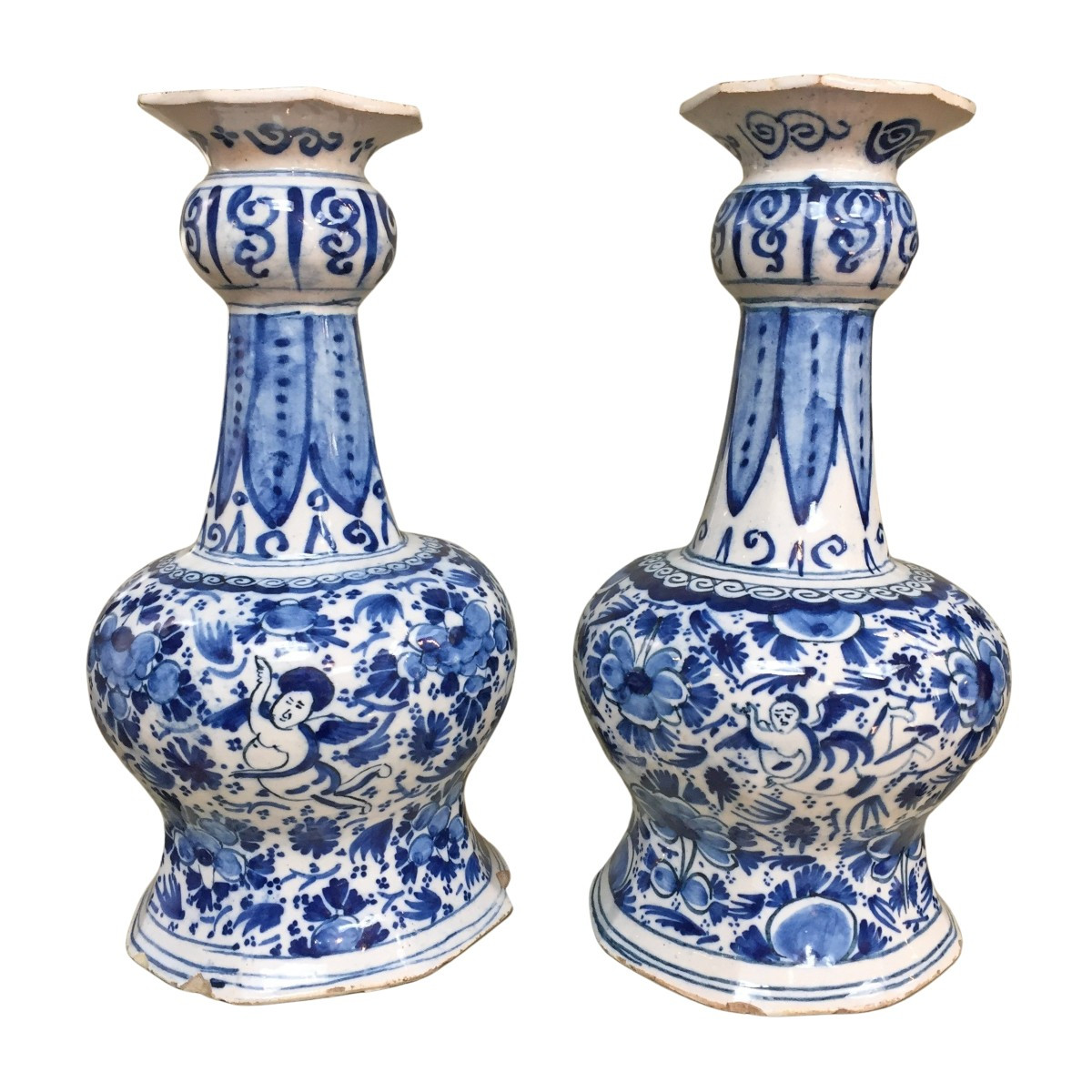 Set Of Two Delftware Vases With Decoration Of Angels, 18th Century