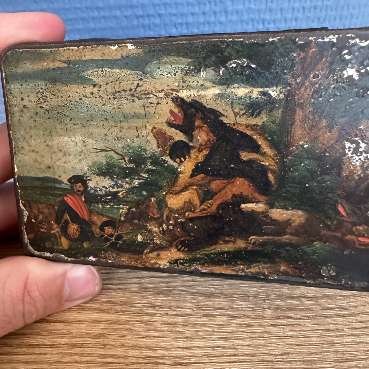 Antique Hand-painted Box Depicting A Hunting Scene, Early 19th Century-photo-4