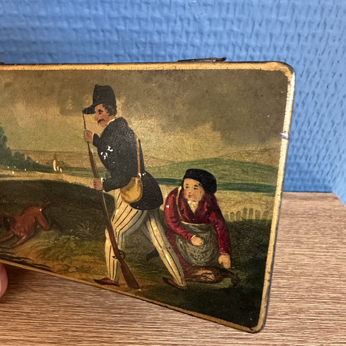 Antique Hand-painted Box, Decorated With A Hunting Scene, Early 19th Century-photo-2