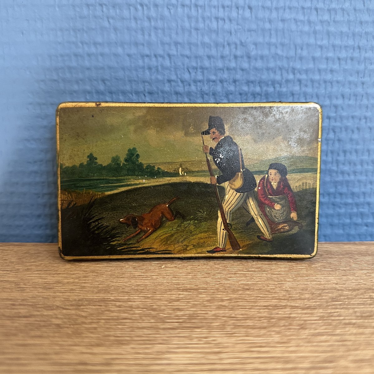 Antique Hand-painted Box, Decorated With A Hunting Scene, Early 19th Century
