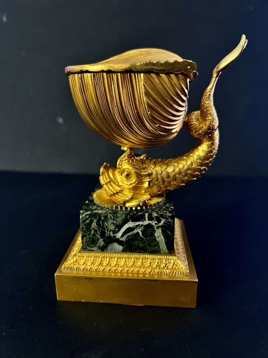 Gilded Bronze Dolphin Inkwell Circa 1820-photo-2