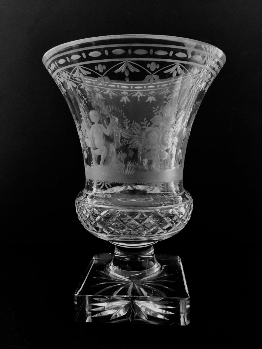 Medici Vase In Crystallized Glass Engraved 19th Century-photo-2