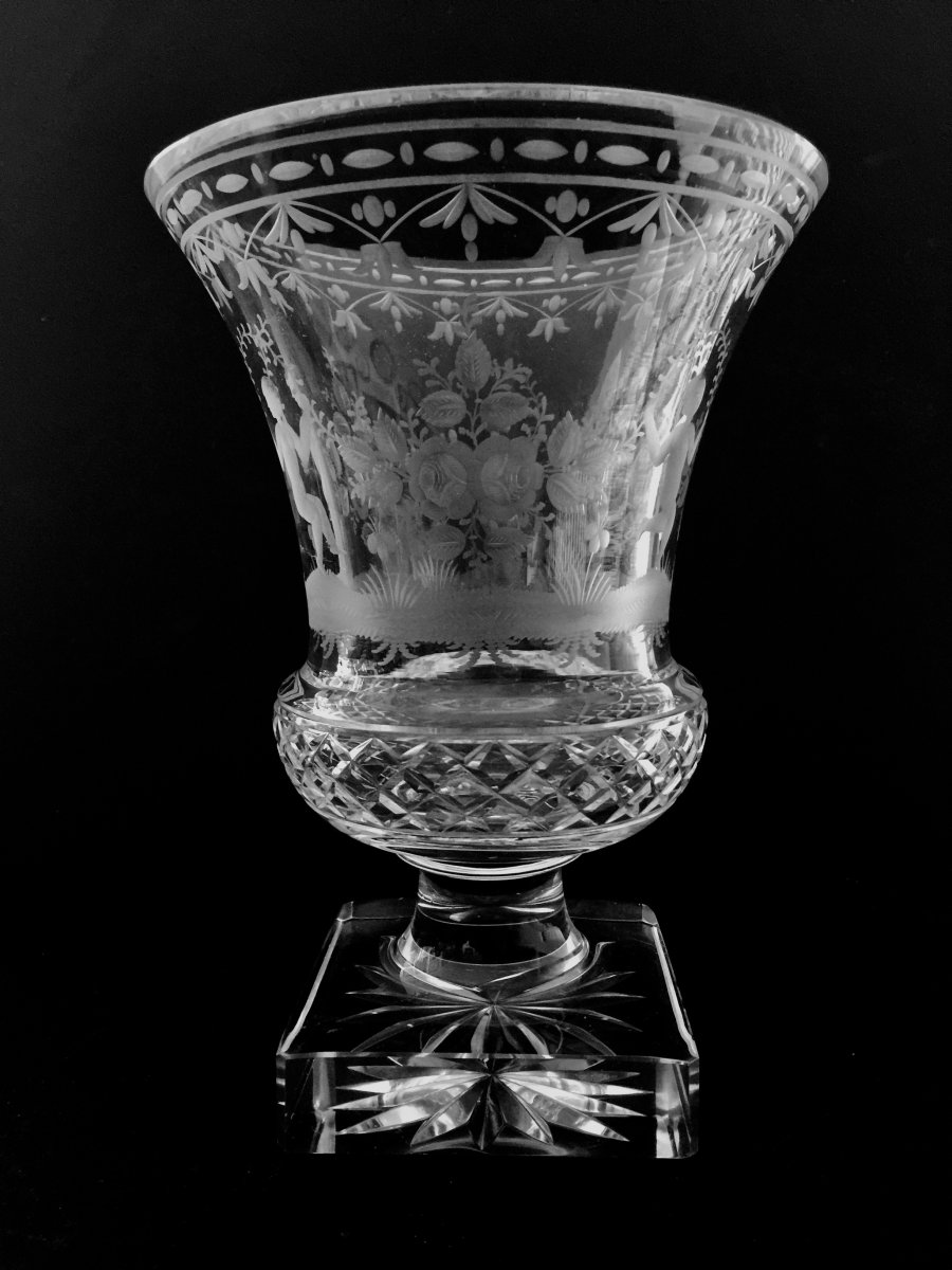 Vase Médicis En Verre Cristallin Gravé 19 ème Siècle-photo-3