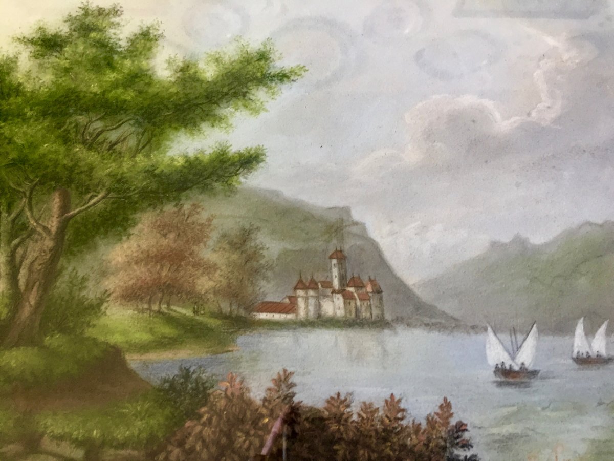 Pastel Représentant Le Château De Chillon En Suisse Par P.pignolat (1838-1913)