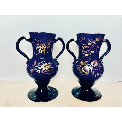 Paire De Vases En Cristal Bleu Espagne XVIII ème siècle