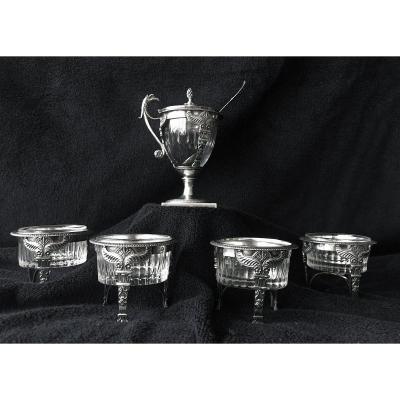 Set Of 4 Salerons And A Silver Moutardier Paris 1809-1819