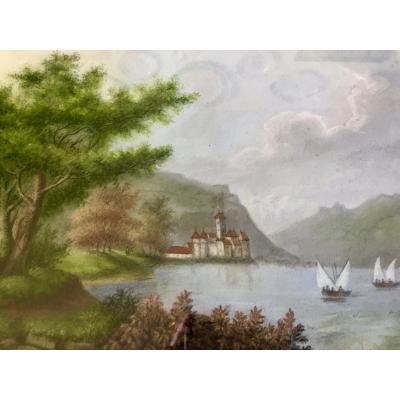 Pastel Représentant Le Château De Chillon En Suisse Par P.pignolat (1838-1913)