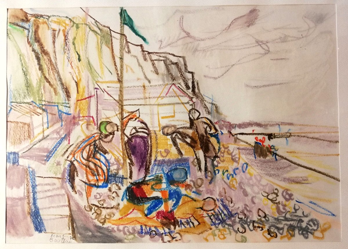 Marc Bouteau French School XXth Watercolor And Colored Pencils Le Tréport The Cliffs-photo-2