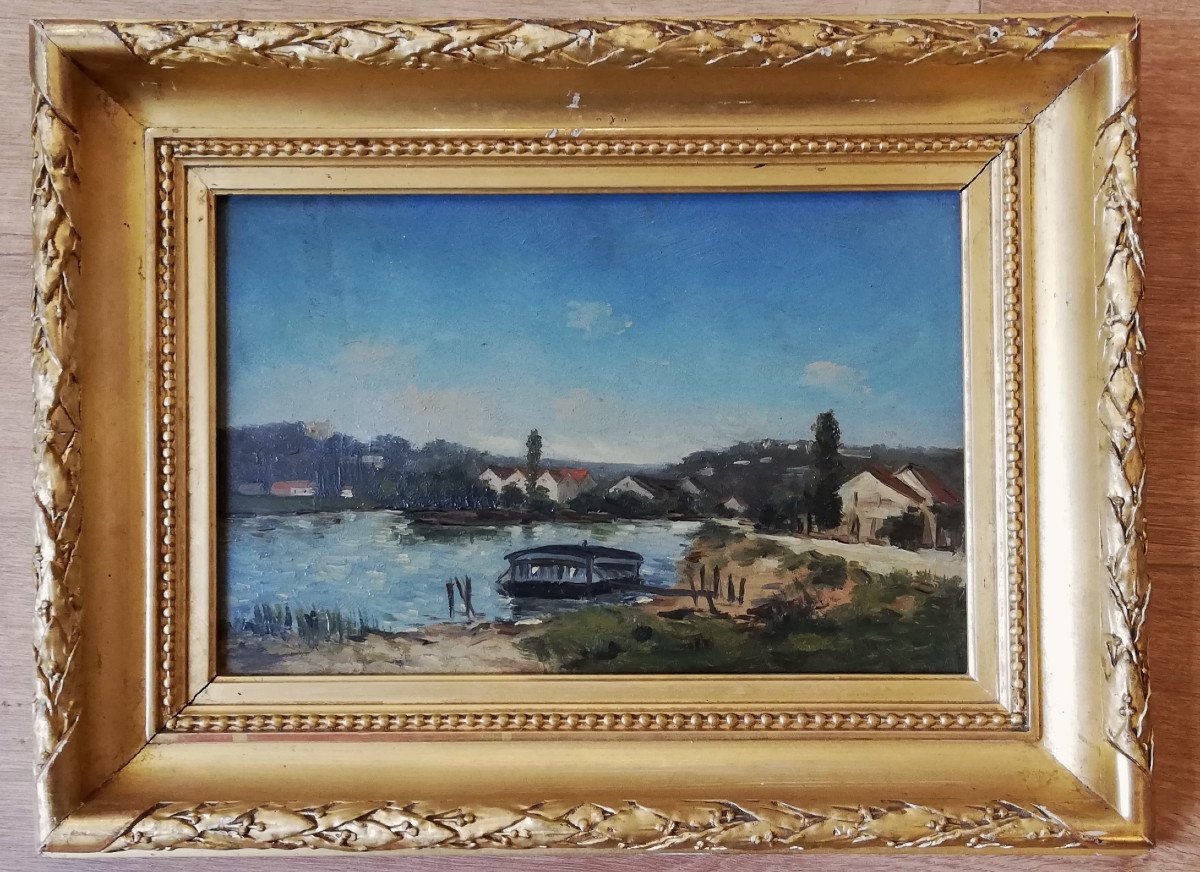 The Seine At Argenteuil Oil On Wood French XIXth-photo-2