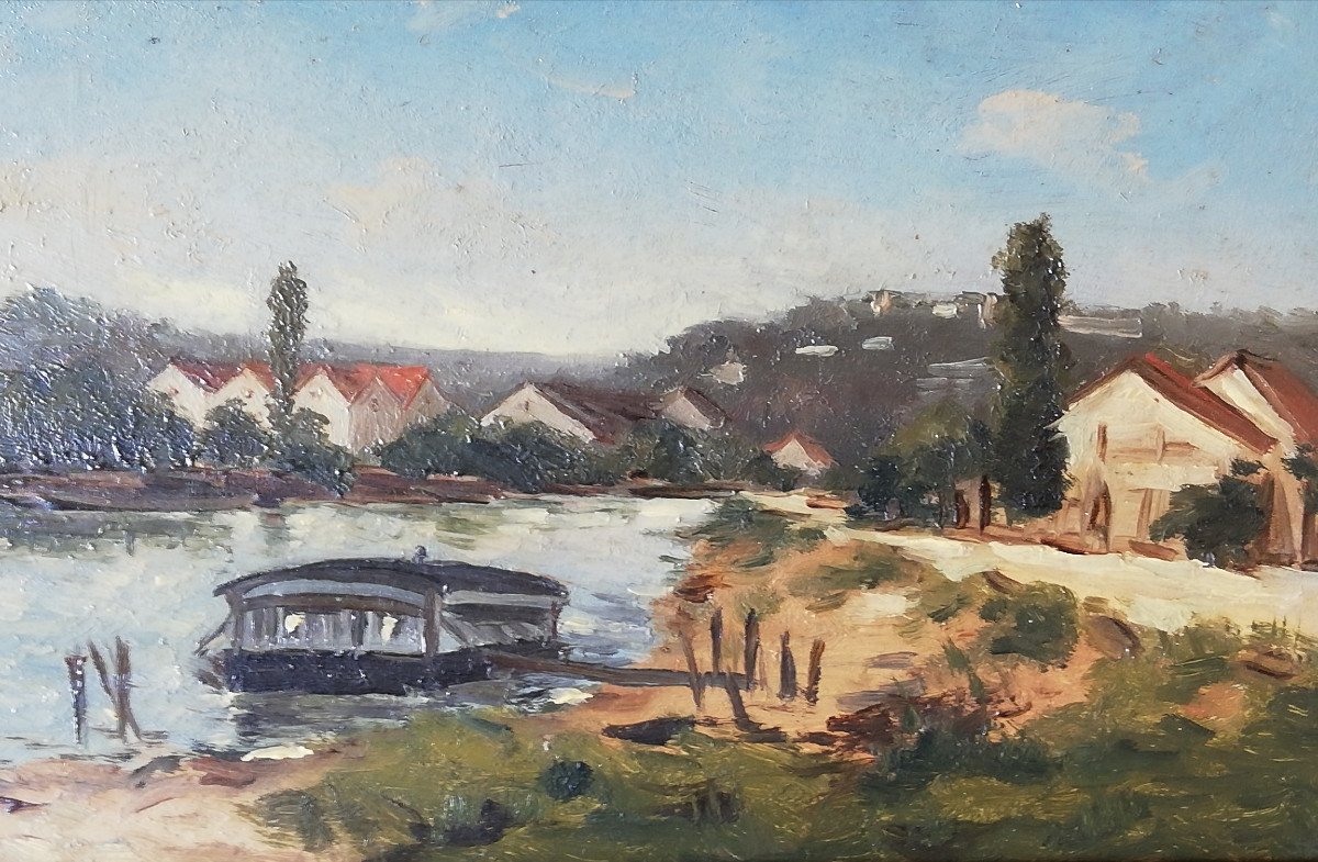 The Seine At Argenteuil Oil On Wood French XIXth-photo-3