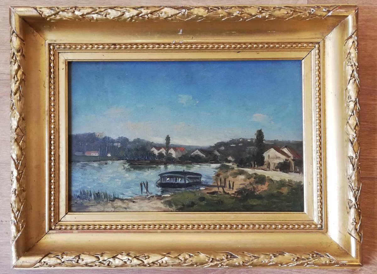 The Seine At Argenteuil Oil On Wood French XIXth