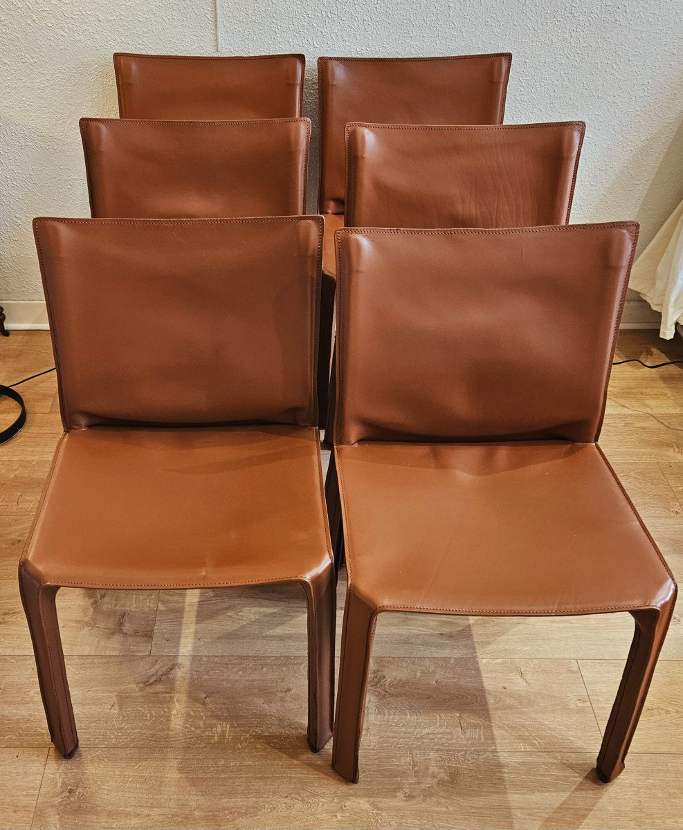 6 Brown Leather Chairs After Mario Bellini Cab 412 -photo-2