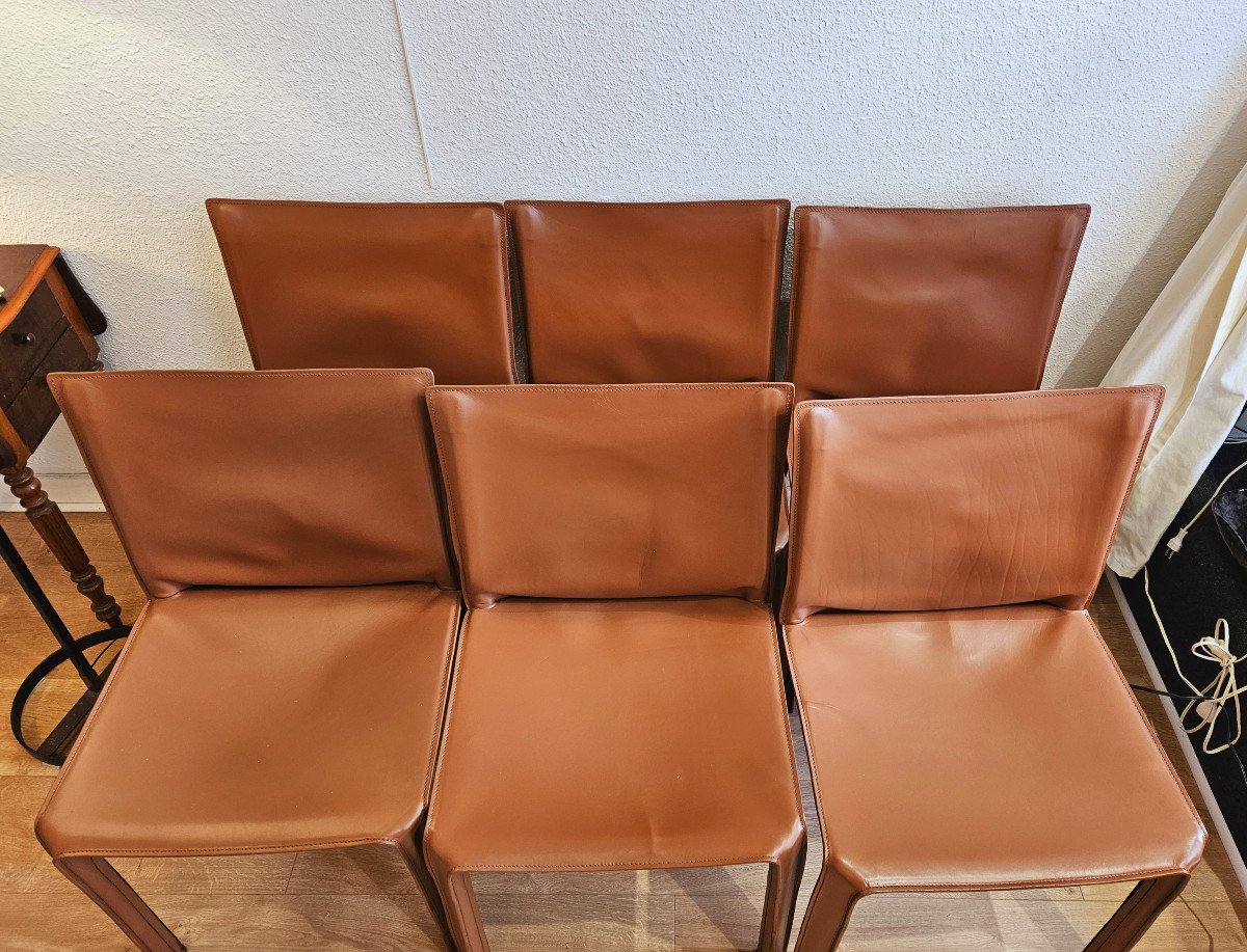 6 Brown Leather Chairs After Mario Bellini Cab 412 -photo-3