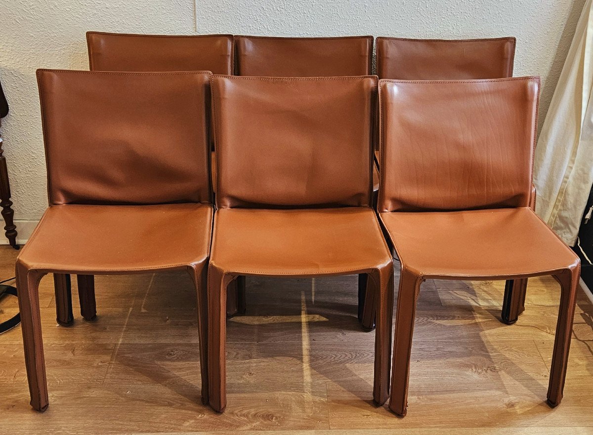 6 Brown Leather Chairs After Mario Bellini Cab 412 -photo-1