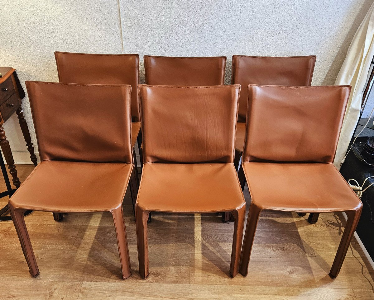 6 Brown Leather Chairs After Mario Bellini Cab 412 