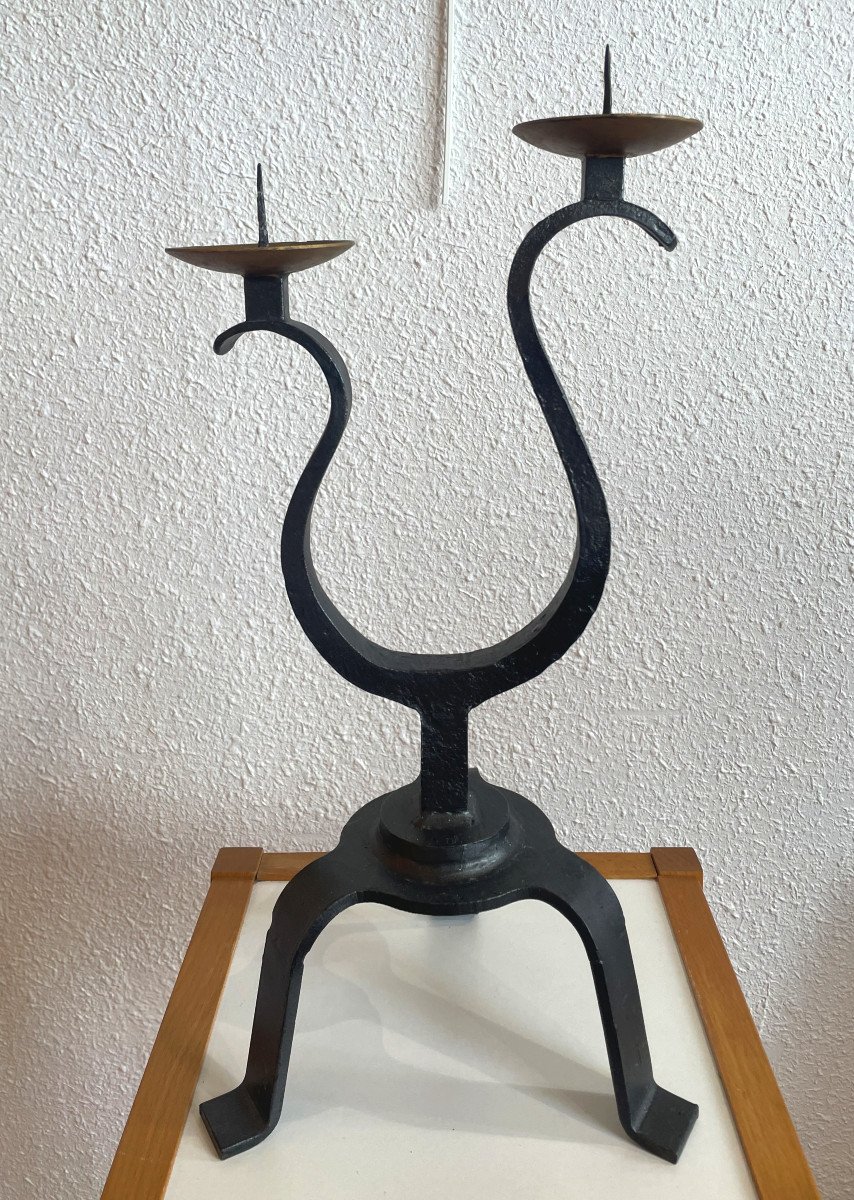 Bougeoir Fer Forgé Vers 1950, Deux Bras De Lumière Dlg Atelier De Marolles-photo-2